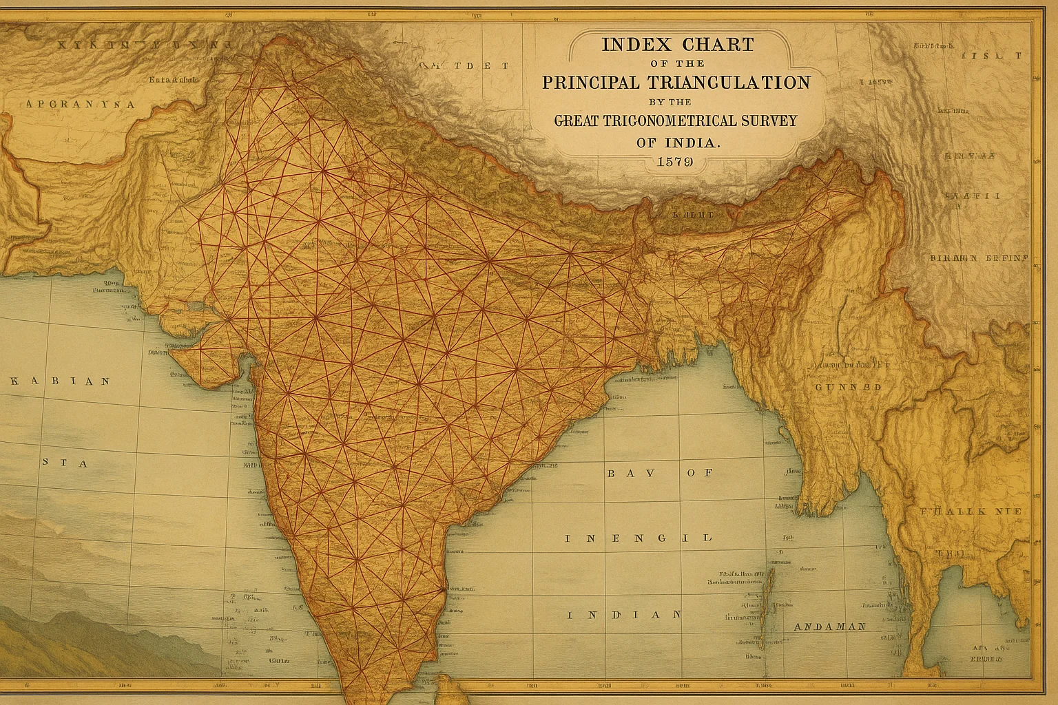 Triangulation network map across Indian subcontinent showing survey lines